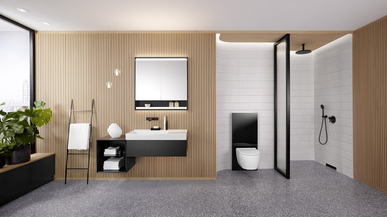 Geberit ONE Badezimmer mit Wandablauf Geberit ONE Badezimmer mit Wandablauf